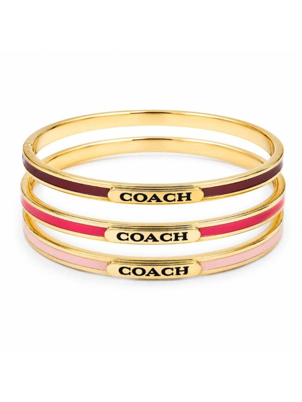 Coach Enamel Bangle Stack Gold Tone Pink Red Brown Bracelet Set